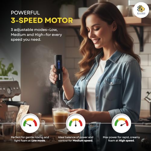 Image of PRO365 Quick Charge Hand Blender | Portable Food-Grade Steel Mesh | 3-Speed | USB Rechargeable | Dual Spring Stirrer | for Lattes, Coffee & Milkshakes | 1-Year Warranty