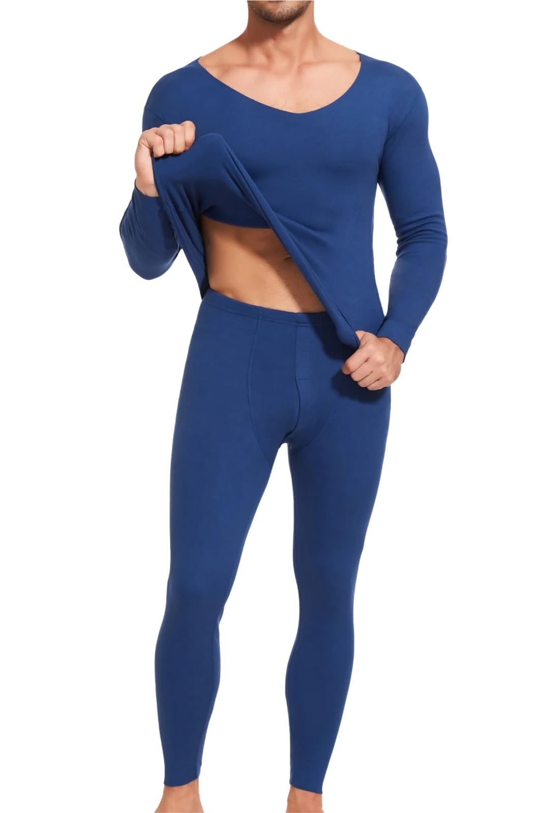 Conjuntos Térmicos Para Hombre Ropa interior térmica cepillada for hombre, conjunto de pantalones de manga larga con cuello en V, sin costuras, cómodos, de invierno Para El Running, El Esquí(Blue,L)
