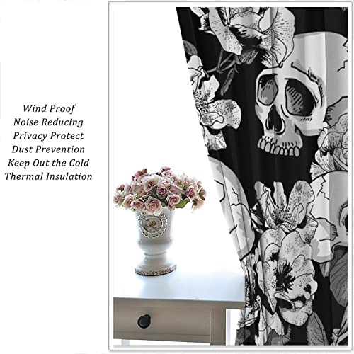 Halloween Skull Curtain Floral Sugar Black White Gothic Bathroom Decor Goth Rose Skeleton Spooky Men Curtains Flower Fabric 42X45 Inch #TOP4