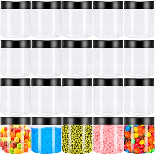 20Pcs 4oz Plastic Slime Containers with Black Lids Round Refillable Travel Storage Sealed Jars Clear Wide Mouth Container for Candy Food Storage Makeup Cosmetics Lotions Eye Shadow Cream Samples