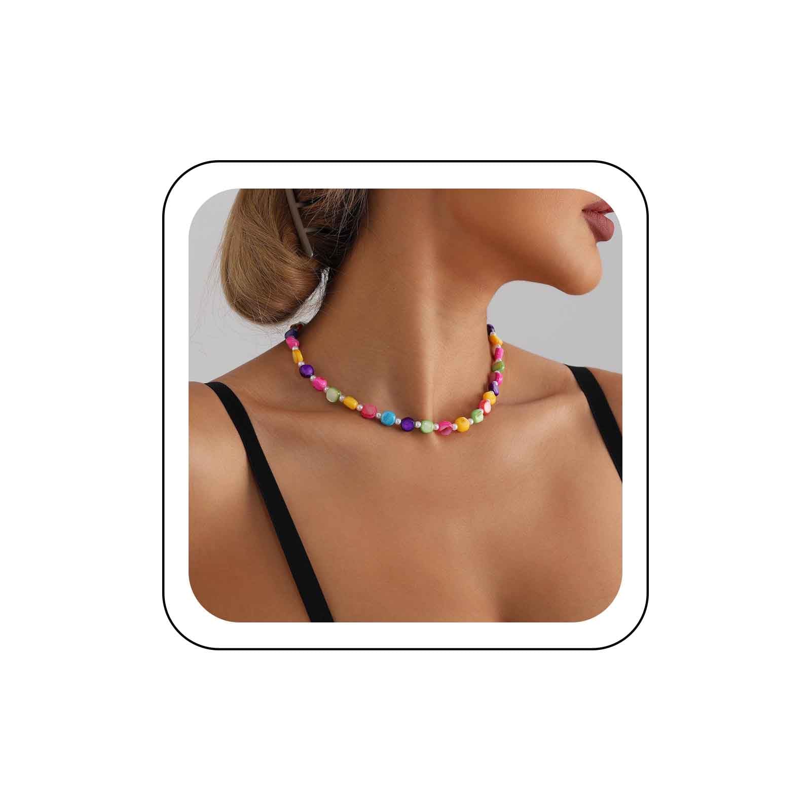 Wendalern Boho Resin Beaded Choker Necklace Rainbow Seed Beads Necklace Small Pearl Chain Gold Necklace Vintage Irregular Beads Pearl Necklace Chain Hawaii Beach Surfer Necklace Jewelry for Women