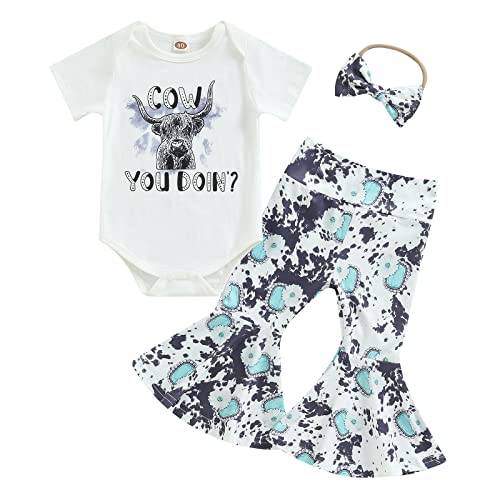 Image of Lefyira Cow Print Bell Bottoms Outfits Toddler Girl Short Sleeve Romper Rib Knit Button Bodysuit Flare Pants Clothes Western(C#104#Blue,6-12 Months)