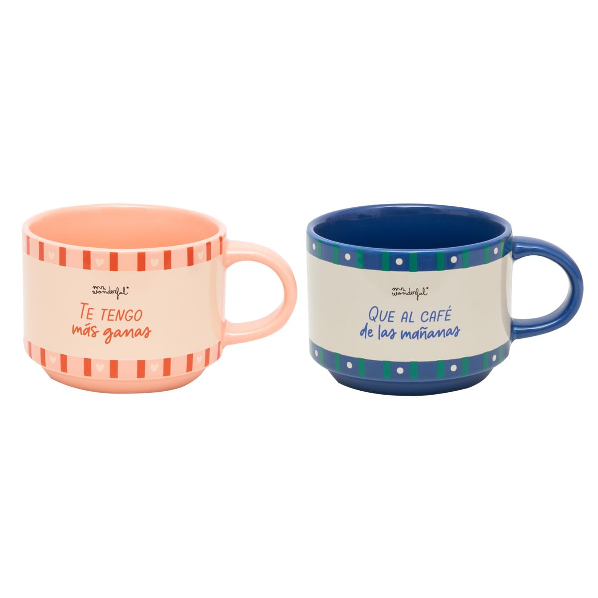 Mr. Wonderful - Set de 2 tazas apilables - Te tengo más ganas que al café de las mañanas - Taza personalizada con mensaje de amor - 370 ml