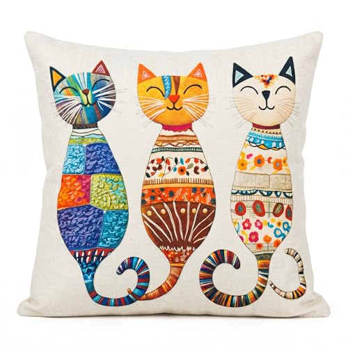 PVOODIRE Housse de coussin en lin motif chat 45 x 45 cm – Imprimé animal décoratif pour intérieur ou extérieur