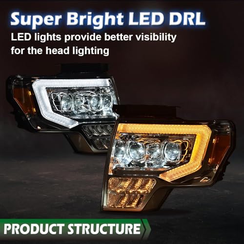 Image of GRAND ORANGE LED Tube Headlights Assembly, Compatible with 2009-2014 Ford F150 LED Tube Dual Projector Headlights Assembly with Switchback(Clear lens Chrome Housing Amber Reflector)