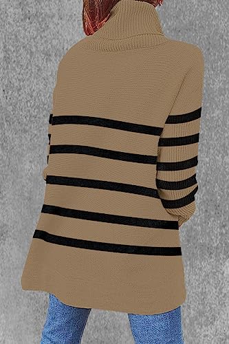 Image of Women's Turtleneck Oversized Sweaters Long Sleeve Split Hem Striped Knit Pullover Tops