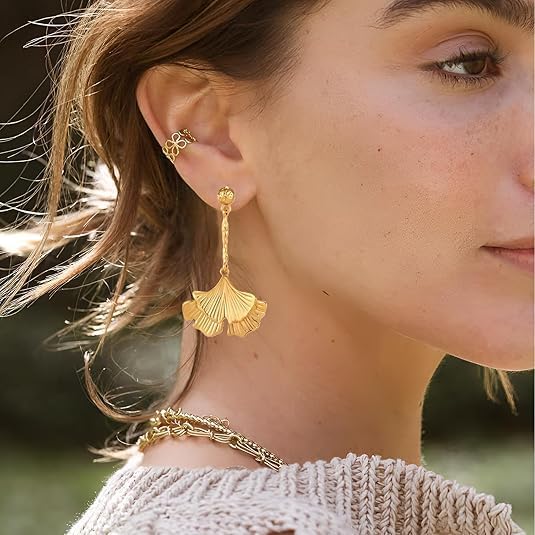 Ginko Leaf Earrings for Women Gold Leaf Earrings Golden Plant Earrings Fashionable Bohemian Ginkgo Leaf Dangle Earrings Jewelry - Image 6