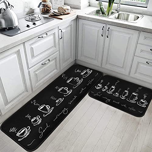 Artsocket Kitchen Rugs And Mats Non Skid Washable Set Of 2, Coffee Chalkboard Kitchen Runner Rug, Good Morning Chalk Kitchen Floor Mat Under Sink Mat Throw Rug For Kitchen Doormat Waterproof #TOP2