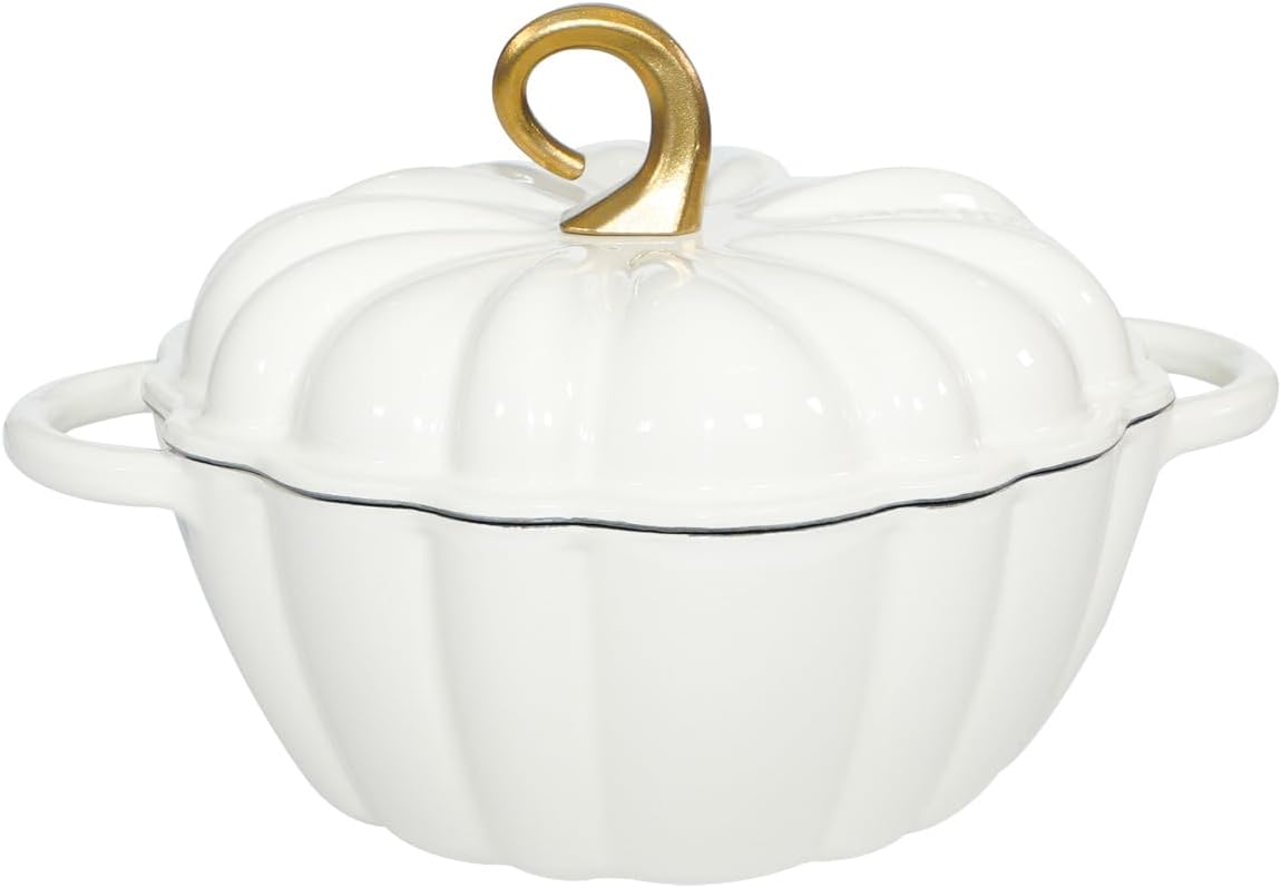 Cast Iron Pumpkin Dutch Oven, 4.5 Qt, White, Enamel, With Lid, Serves 3-5, Christmas Thanksgiving Decor Pot Gift