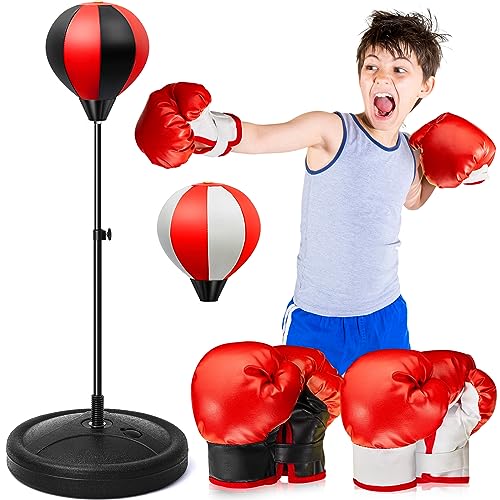 Leyndo Kids Pedestal Punching Bag Set Adjustable Height Boxing Bag with Stand for Boys Age 3-10 Christmas,Birthday Gifts with 2 Pair Boxing Gloves and Spare Boxing Bag, Boxing Equipment for Boy Girl