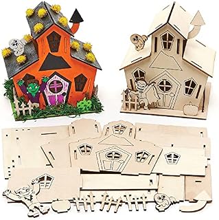 Baker Ross FX184 Haunted House Wooden Kits - Pack of 2, Halloween Decorations Kids Wood Craft Kit, DIY Halloween Decor