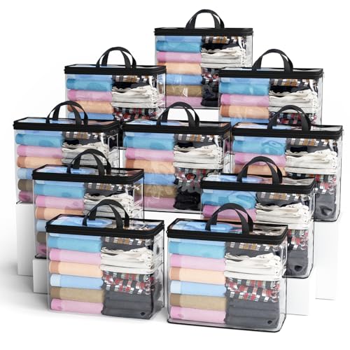 10PACK Clear Zippered Storage Bag for Clothes, 22L Clear Storage Bags, and Blanket Storage Bags for Bedding, Linen, Blankets, Comforters, Clothing & Toys (Black)