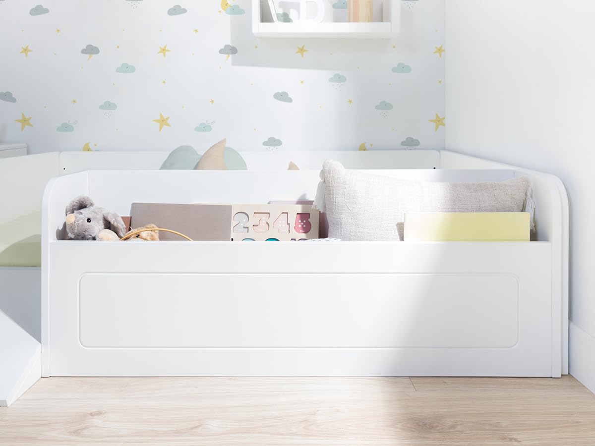Bainba - Cama Montessori Blanca con Almacenaje y Rampa - 70x140cm
