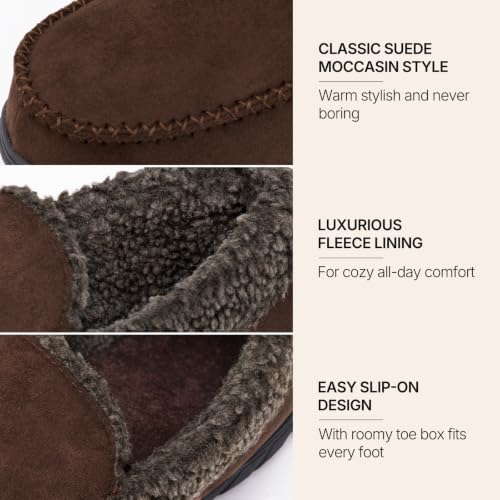 Image of Men's Moccasin House Slippers Memory Foam Suede Plush Indoor Bedroom Shoes | Fuzzy Non-Slip Warm Winter Comfy Cowboy Slippers for Indoor Outdoor Home Dad Husband Grandpa Gifts Black Brown Grey