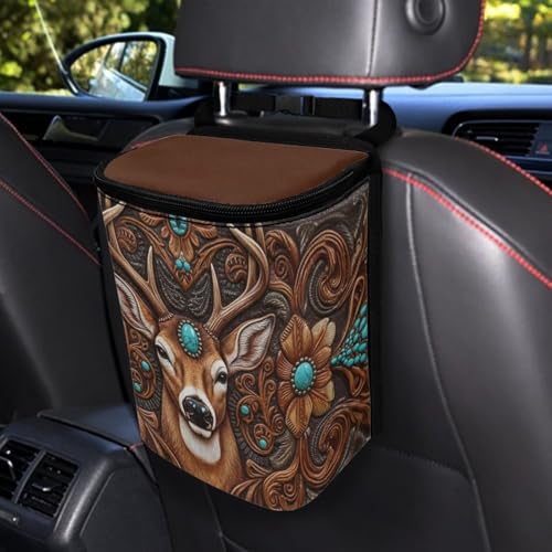 Image of Talayituse Vintage Brown Elk Print Car Trash Bin, Large Size Auto Trash Can Adjustable Portable Garbage Can with Lid, Vehicle Hanging Bag for Headrest Front Back Seat