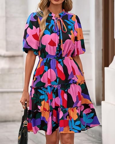 Image of BTFBM Women Summer Floral Short Dresses V Neck Short Sleeve Tiered Ruffle Boho Swing Dress A-Line Mini Dresses