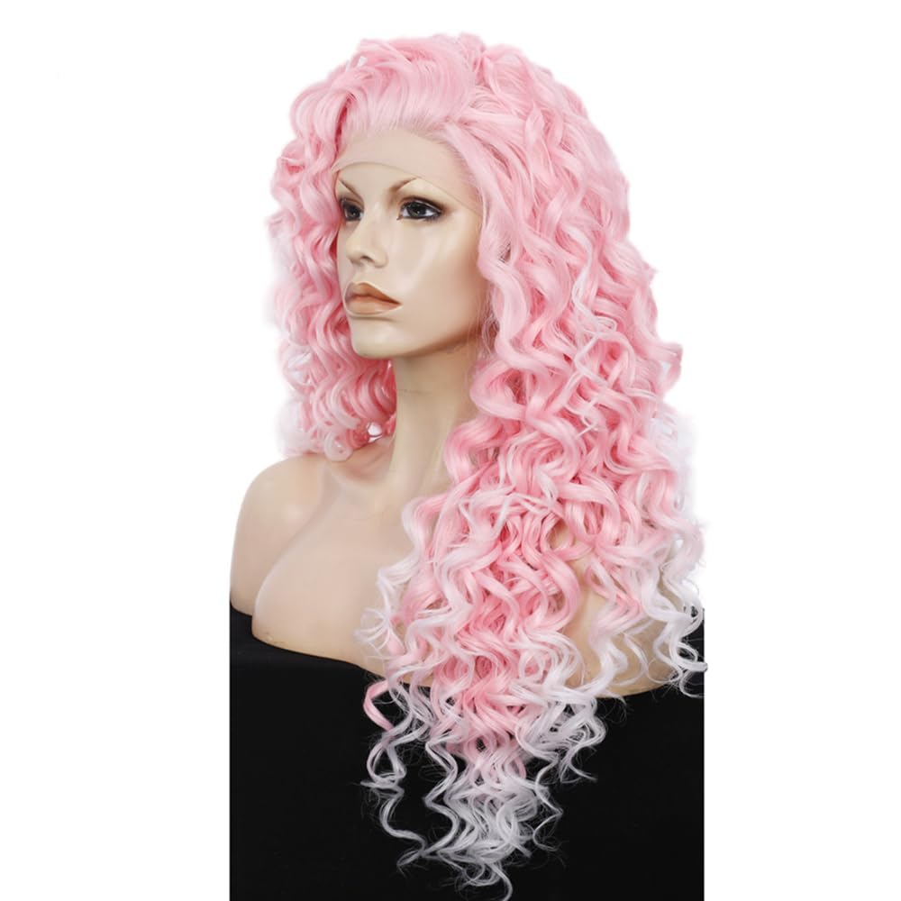IMSTYLE Pink Curly Lace Front Wigs Women Cosplay Costume Daily Wear Bounce Fluffy Wig Hair Heat Resistant 26 Inch(Pink)