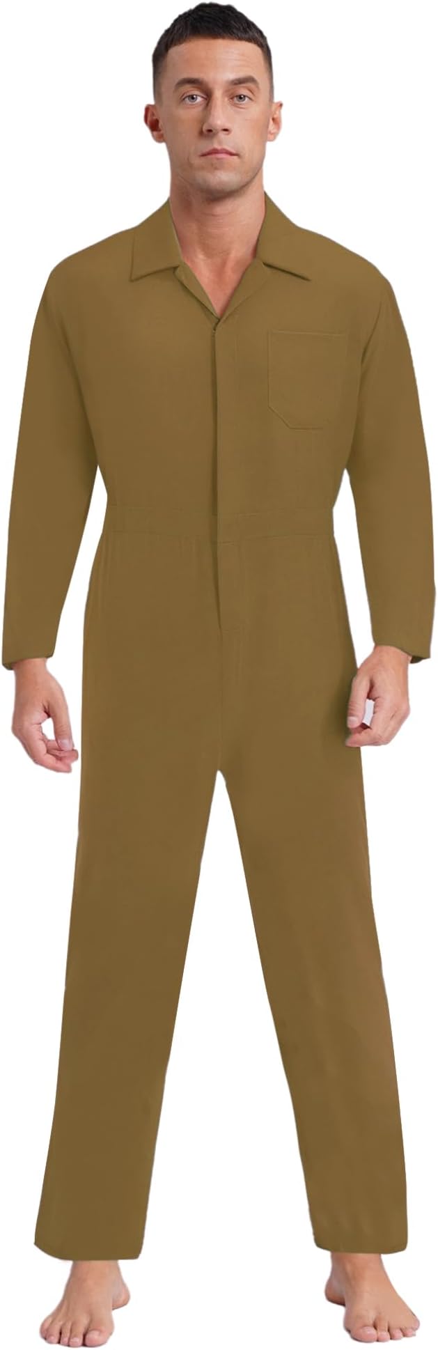 Men's Solid Color Jumpsuit Turn-down Collar Zip Up Elastic Waist Overalls One Piece Khaki Large