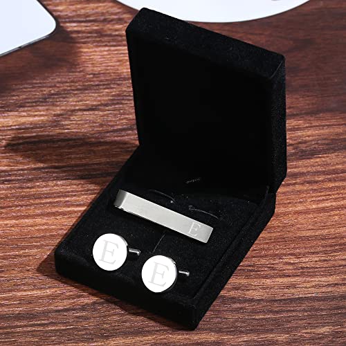 Image of LOYALLOOK Initial Cufflinks and Tie Clip Set for Men Silver Personalized Cuff links and Tie Bar Letter Alphabet A-Z Gift for Father Husband Valentine Gifts for Men
