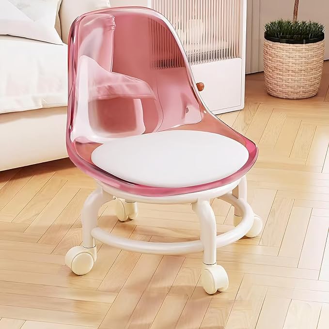 Modern Style Chair Roller Seat PU Leather Low Rolling Stool Swivel Small Stool with Universal Caster Wheels for Home Office Garage Shop Fitness Sport Mini Height Adjustable Stool Kids Chair (Pink)