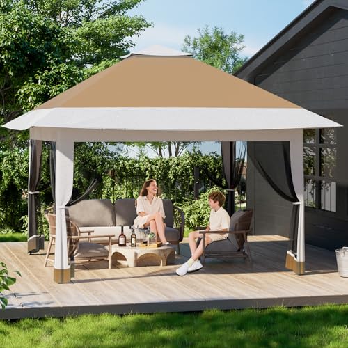 Cenador de jardín de 12 x 12 pies, pabellón exterior marco de acero reforzado con mosquiteros con cremallera, protección UV50+, Gazebo para terraza villa piscina comedor exterior