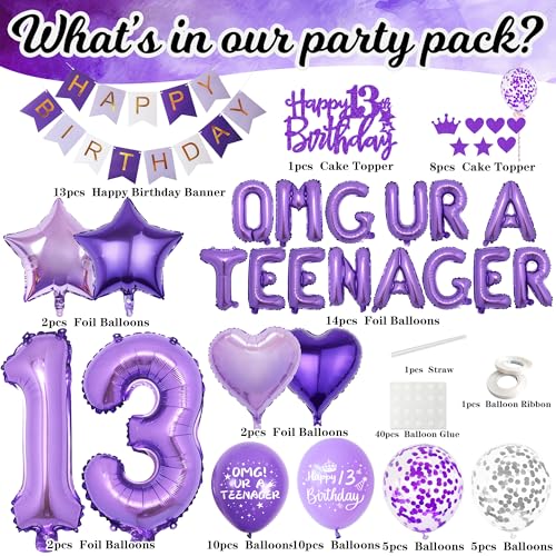 Purple 13th Birthday Decorations for Girls - Teenager Party Supplies Happy Birthday Banner, OMG UR A Teenager Foil Balloons Number 13 Balloon Cake Topper for 13 Year Old Teen by VeyoCraft - Used condition - Image 2
