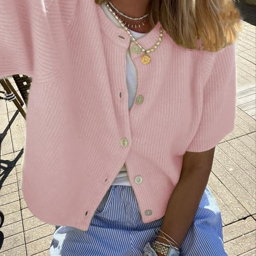 Image of Women Y2K Knit Cardigan Short Sleeve Crewneck Solid Color Button Down Tops Casual Going Out Sweater Streetwear