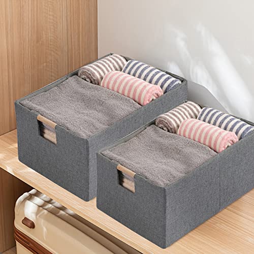 Lamorée Fabric Storage Bin Box Foldable Cotton Linen Storage Basket With Wooden Handles Rectangular Cube Decorative Home Nursery Laundry Organizer Clothes Blanket Container – Gray, Small #TOP7