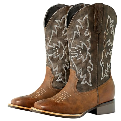 SheSole Extra Wide Calf Cowboy Boots for Women - Square Toe & Classic Stitching with Earth Tones, Removable Cushion Insoles | Roomy Comfort for Full-Figured Calves (Brown, X-Wide, 10)