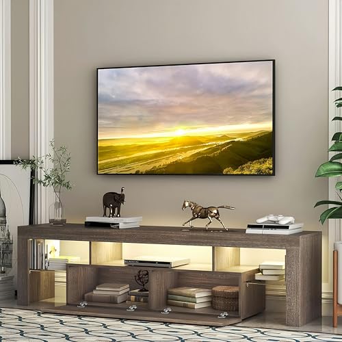 El Mejor Listado de Centro de Tv Top 5. 49 Mueble para TV de 65 Pulgadas con Luz LED, Cajones y Armarios - Centro de Entretenimiento para Sala o Recámara (Color de la Madera)