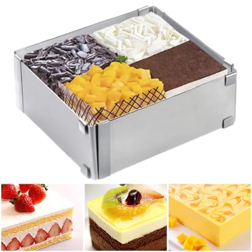Baking Frame Rectangular Adjustable Cake Ring Square Baking Mould Square Adjustable Baking Frame Cake Frame High 8 cm, 15-28 cm Rectangular Cake Ring Cake for Baking Decorating Baking Tray Border