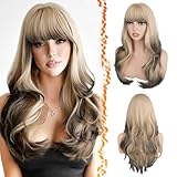 BARSDAR ブロンド オンブレ ブラウン レイヤード ウィッグ 前髪付き - 24 インチ ブロンド オンブレ レイヤード 三毛髪ウィッグ 女性用 - 自然に見える厚く柔らかい波状合成層 ヘアカット フリンジ付き デイリー