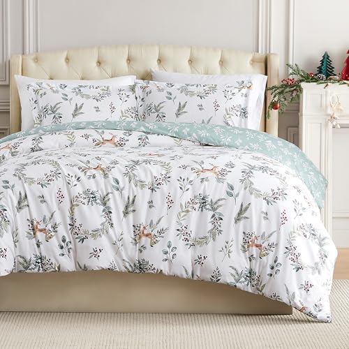 Southshore Fine Living Inc Christmas Bedding Queen Duvet CoverFull Size Comforter Cover with 2 Pillow Shams Reversible Holiday Bedding Set Duvet Queen SizeFull Size Wreath Reindeer Print