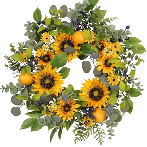 Quixem 22 Inch Sunflower Wreath and Lemon Wreath for Front Door Decor UV Resistant Spring Summer Wreath Waterproof Artificial Floral Wreath for Farmhouse Fall Transition