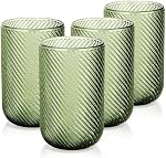 Joeyan Vintage Drinking Glasses Set of 4, 410ml/14oz Ribbed Embossed Highball Glass Water Tumbler, Colored Tall Glassware Beverages Cups for Whisky, Cocktail, Beer, Juice, Tea, Wine, Green