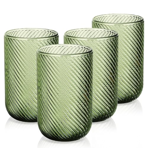 Joeyan Vintage Drinking Glasses Set of 4, 410ml/14oz Ribbed Embossed Highball Glass Water Tumbler, Colored Tall Glassware Beverages Cups for Whisky, Cocktail, Beer, Juice, Tea, Wine, Green