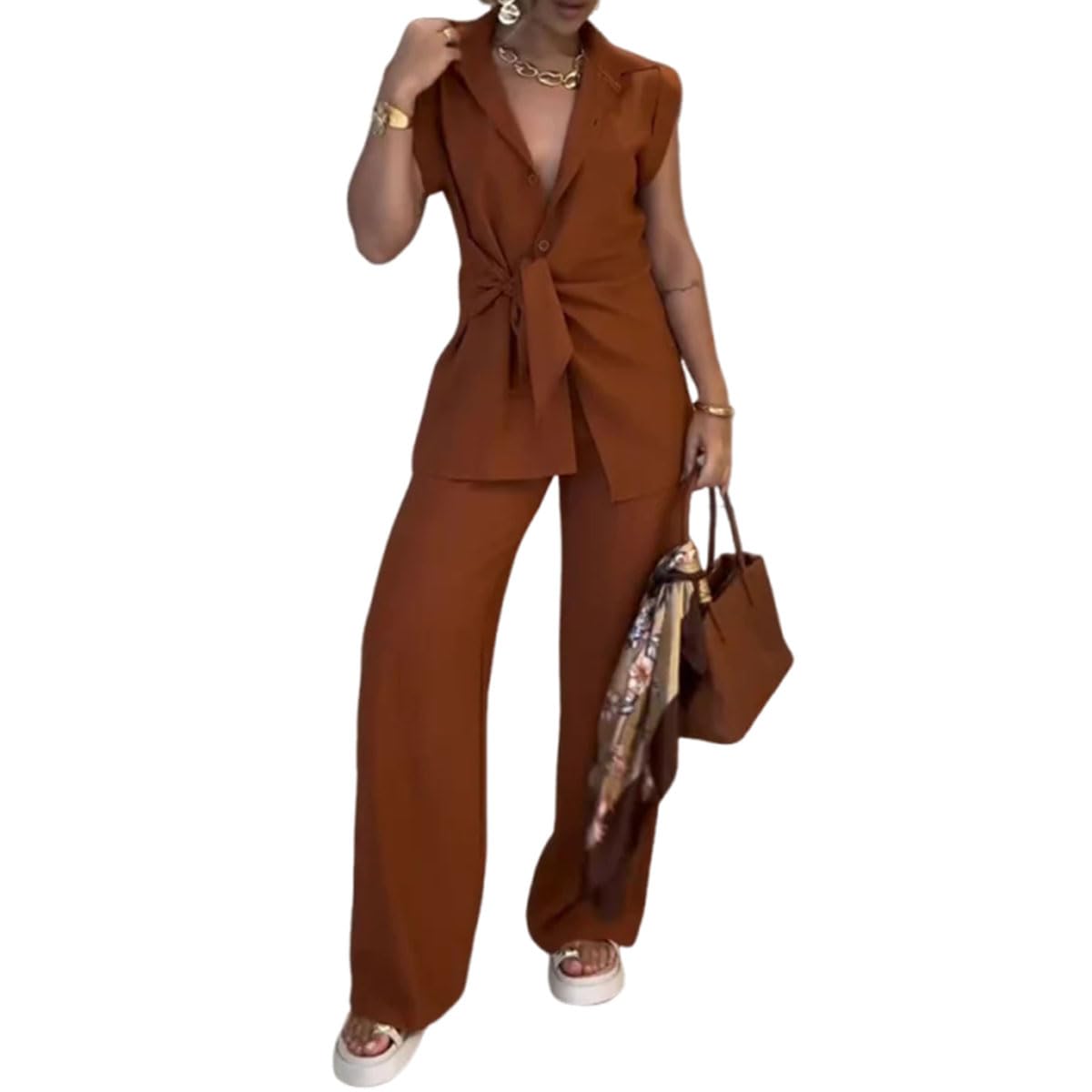 Womens Fashion Waisted Top Casual Pants Set Summer Casual Formal Wide-leg Pants Suit For Women
