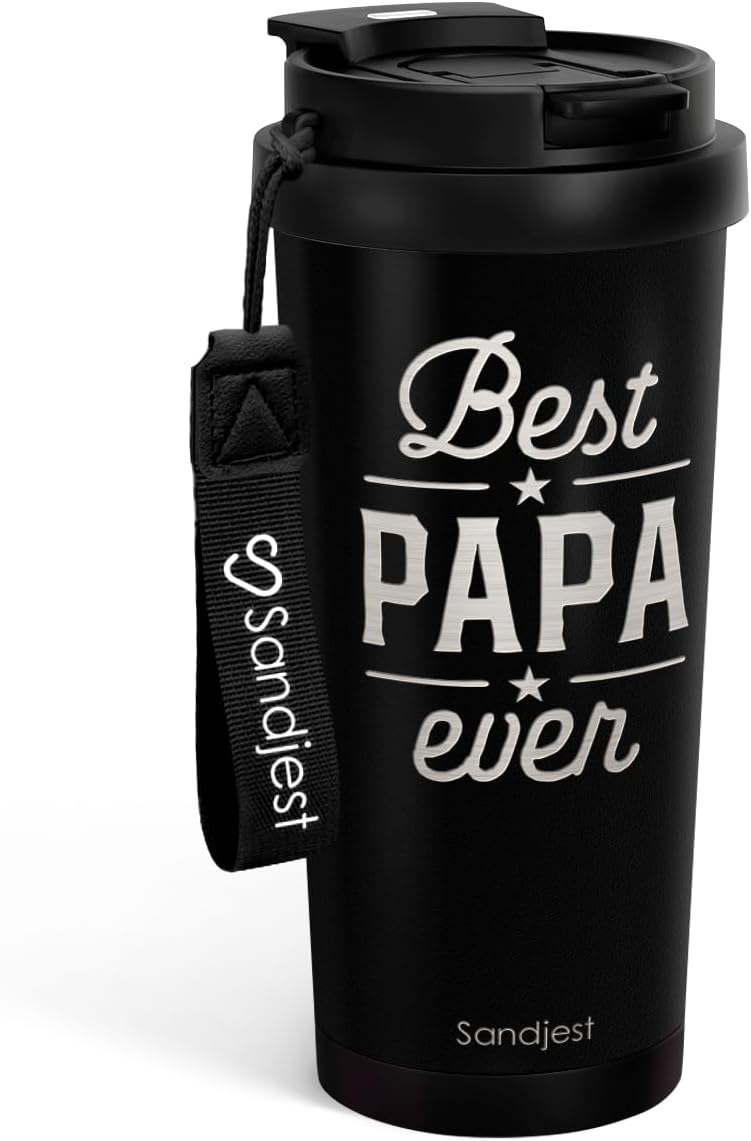 SANDJEST Dad Gift from Son Daughter, Stainless Steel 2-in-1 Lid Coffee Tumbler 18 oz, Best Papa Ever Insulated Travel Mug for Men Fathers Papa Daddy, Gift Idea for Birthday Christmas Fathers Day