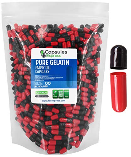 Capsules Express- Size 00 Black and Red Empty Gelatin Capsules 1000 Count - Kosher and Halal - Pure Gelatin Pill Capsule - DIY Powder Filling