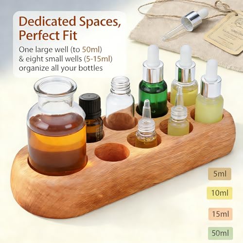 Image of VolksRose Wooden Essential Oil Organizer 9 Holder Storage Rack with Stickers for 5100ml Bottles - Elegant Travel & Display Stand for Essential Oils, Nail Polish, Perfume - Compact Shelf for Tabletop