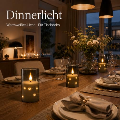 Kiexung LED Kerze, LED Kerze mit eingebauter Lichterkette, batteriebetriebene Kerze, Plexiglaskerze mit Fernbedienung Timer, festliche flammenlose Kerze, Wohnkultur, 3-teiliges Set (grau) – Bild 3