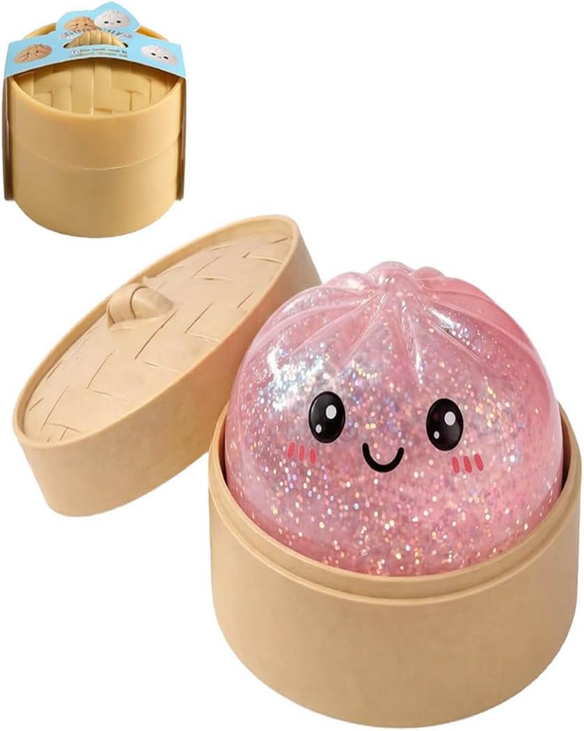 Giant Dumpling Squishy with Steamer Box, Slow-Rebound Fidget Toy 3.94in，Pink