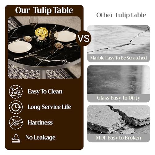 Image of 63 inch Tulip Table, Small Round Dining Table with 1.2 inch Thick Sintered Stone Tabletop and Silver Metal Pedestal Base, Bistro Table for Diner, Bar, Restaurant, kitchen, Bakery, Apartment (Marble Black)