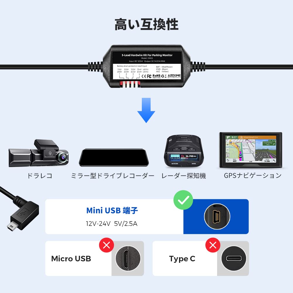 Amazon.co.jp: AZDOME 降圧ケーブル 電源ケーブル 24H駐車監視 Mini