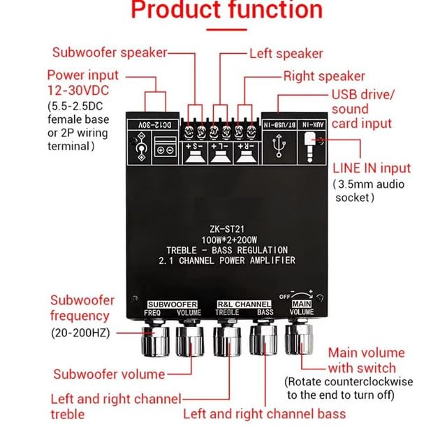 Image of SRBI ZK-ST21 bluetooth Digital Amplifier Board 2.1 Channel 100W+100W+200W Subwoofer Chip TPA3221 DC12-30V 10A - With Shell 2026 New Stock