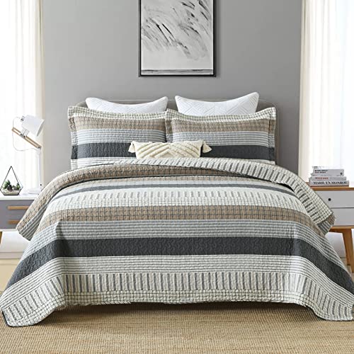 Image of PANGUSHAN 100% Cotton Quilt Set Queen Size, Patchwork Queen Quilt Bedding Set Bedspreads, Farmhouse Lightweight Comforter Reversible Quilt, White /Brown /Grey Bed Spread for All Season, 3 Pieces