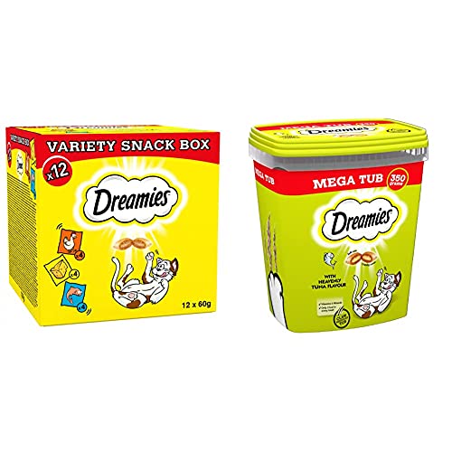 Dreamies Cat Treat for Cats Variety Pack 12x 60g & Cat Treats, Tasty Snacks with Tempting Tuna Flavour, 2 Tubs of 350 g