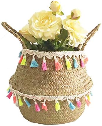 SZETOSY Natural Seagrass Storage Basket - GOODCHANCEUK Seagrass Belly Basket With PomPom Foldable Woven Basket With Handle for Laundry, Toys or Planters,Nursery Style#5 22x20CM