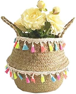SZETOSY Natural Seagrass Storage Basket - GOODCHANCEUK Seagrass Belly Basket With PomPom Foldable Woven Basket With Handle for Laundry, Toys or Planters,Nursery Style#5 22x20CM