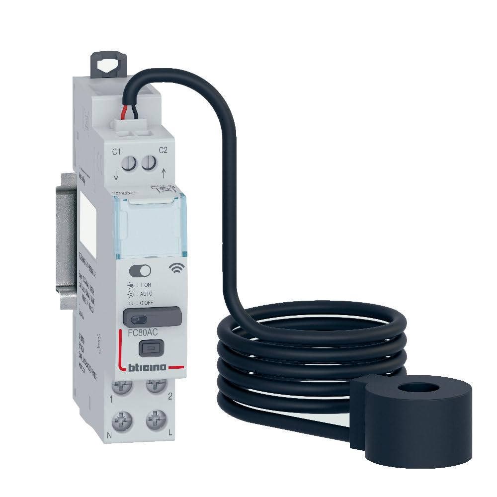 BTICINO Inteligentny siłownik DIN FC80AC, inteligentne urządzenie, zdalne sterowanie i pomiar zużycia, aplikacja domowa + sterowanie, kompatybilny z urządzeniami o absorpcji do 80 A, toroid, 1 moduł